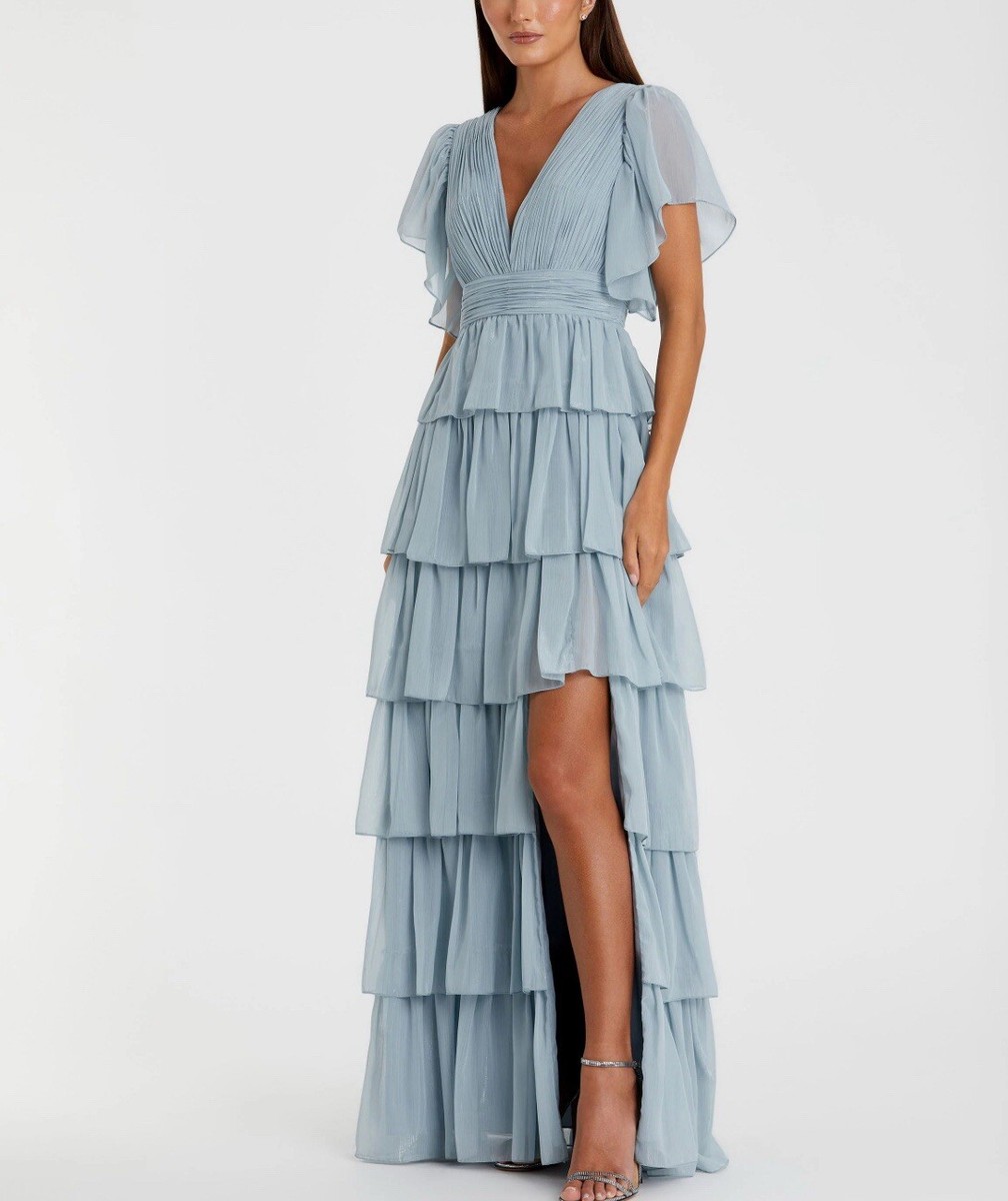 Mac Duggal NWT Metallic Flutter Sleeve Ruffle Tiered Gown in