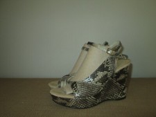 LOVE MOSCHINO Brown Snakeskin Leather Slingback Wedge Ankle Strap Sandals Sz 37