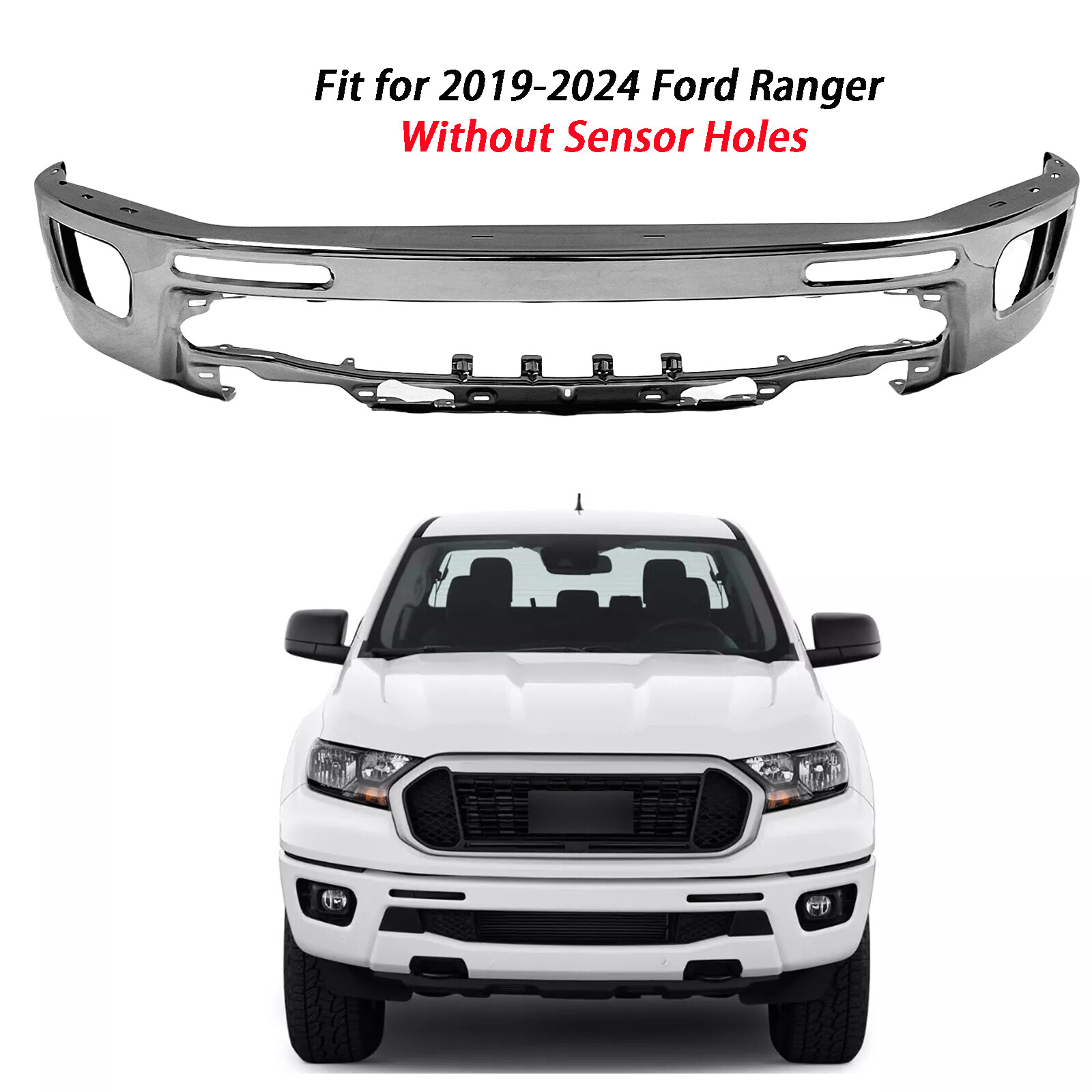 For 2019-2022 2023 Ford Ranger Chrome Front Bumper W/o Sensors Holes FO1002437