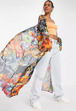 Jaded London Collage Print Flared Sleeve Split Back Detail Kimono Uk Size S/m