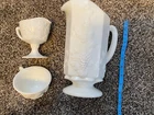 Vintage White Milk Glass Grape 10 Inch Pitcher Very Thick With 2 Cups W-stamp
