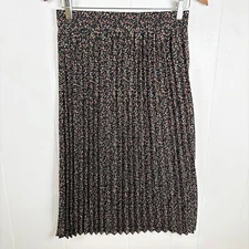 Pleione Women’s Small Black Pink Floral Pleated Midi Skirt Pull On Elastic Waist