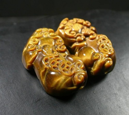 One Pair Real Natural Tigers Eye FengShui Dragon PiXiu Money Coin Amulet Pendant - Picture 4 of 8