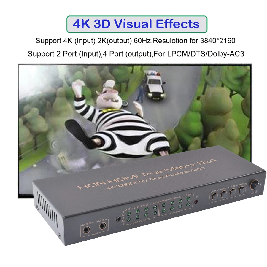 HDMI Matrix 4K 2x4 Splitter Audio 60Hz Control AUX Video Switcher Remote ARC New - Image 4 of 4