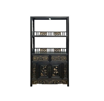 Vintage Brown Oriental Golden Relief Motif Display Curio Cabinet Bookcase GB049