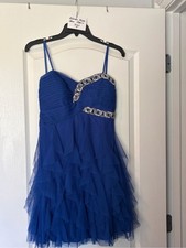 Blondie Nites Royal Blue Spaghetti Strap Prom Dress with Silver Beading