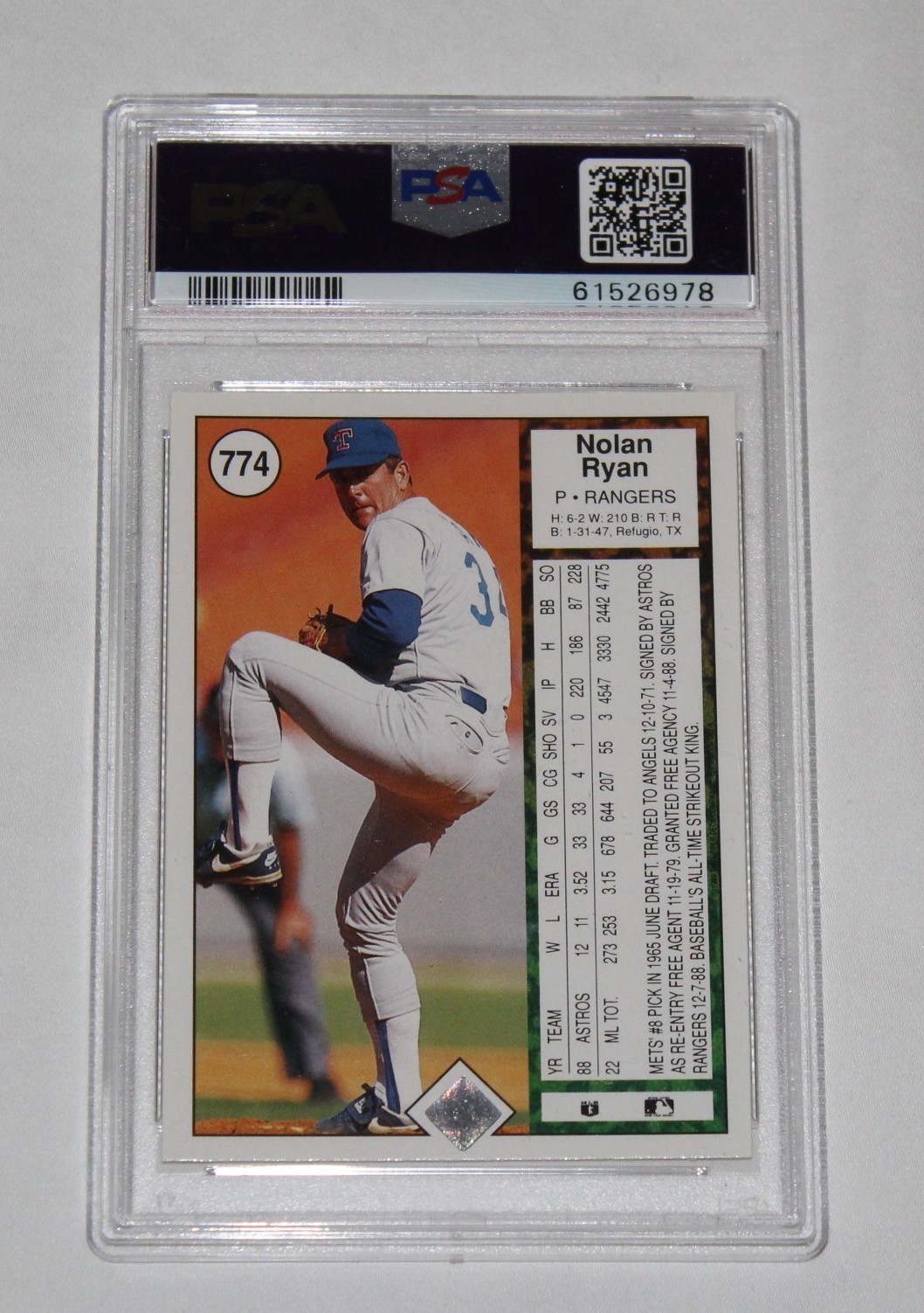 1989 UPPER DECK Baseball #774 NOLAN RYAN Throwing Football PSA 10 GEM MINT view 2