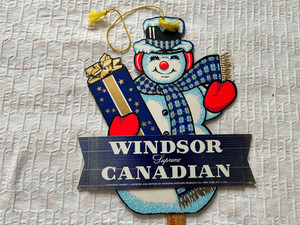 Vtg  50's-60's Windsor Canadian Whiskey Holiday Cardboard Sign  2 sided Snowman
