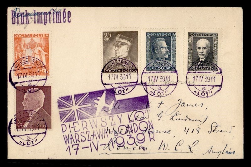 DR WHO 1939 POLAND FIRST FLIGHT WARSAW TO LONDON ENGLAND R81488