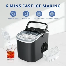 Simzlife 26 lbs/24H Countertop Ice Maker Machine, 9 Bullet-Shaped Ice in 6 Min