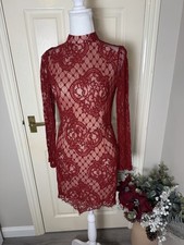 Boohoo BNWOT Burgundy Lace High Neck Mini Dress size 8