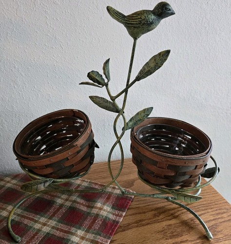 Double Bird Bath Handmade Basket Wrought Iron Stand Woven Like Longaberger 