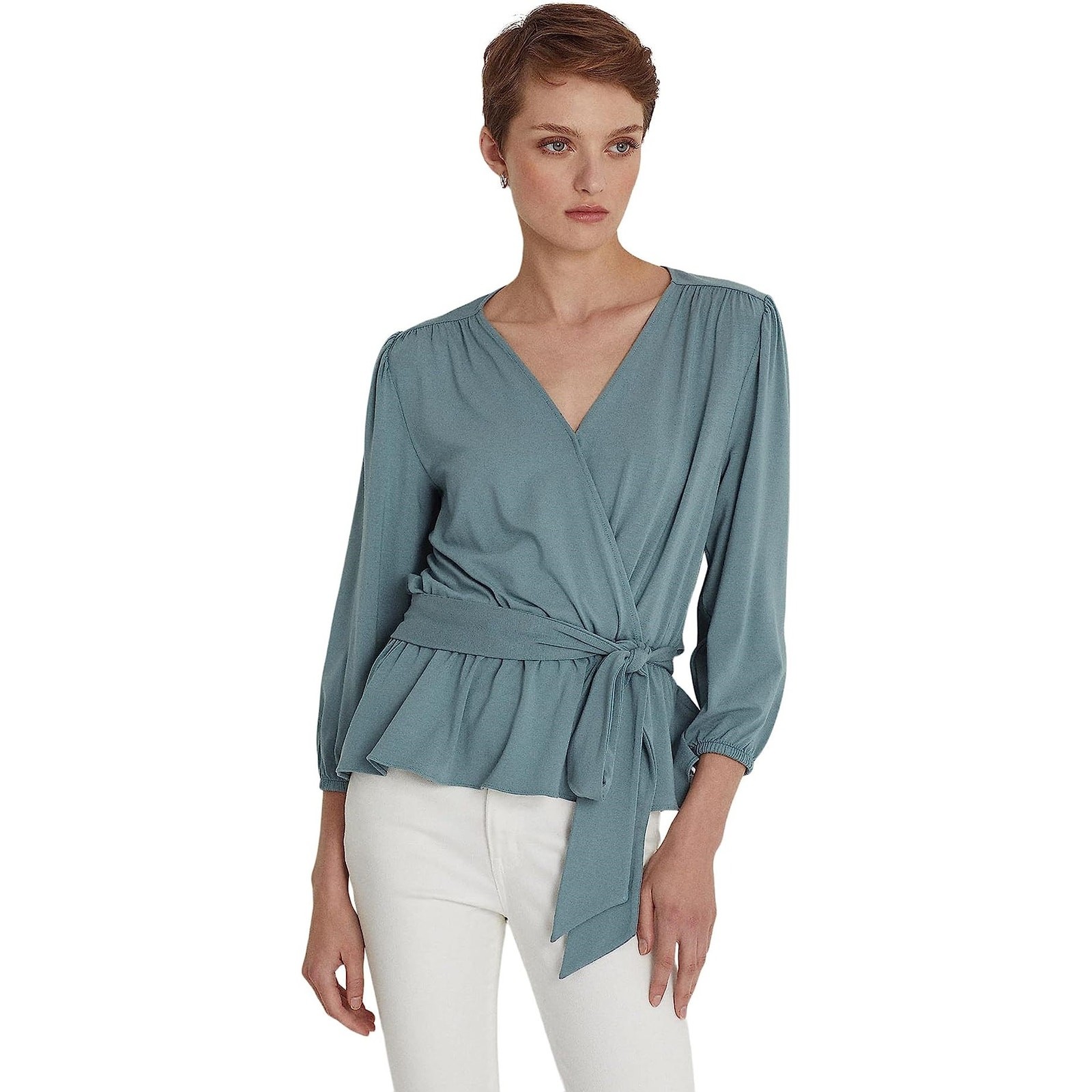 Lauren Ralph Lauren Women Grey Sea Viscose Jersey Tie Peplum Blouse Size XL