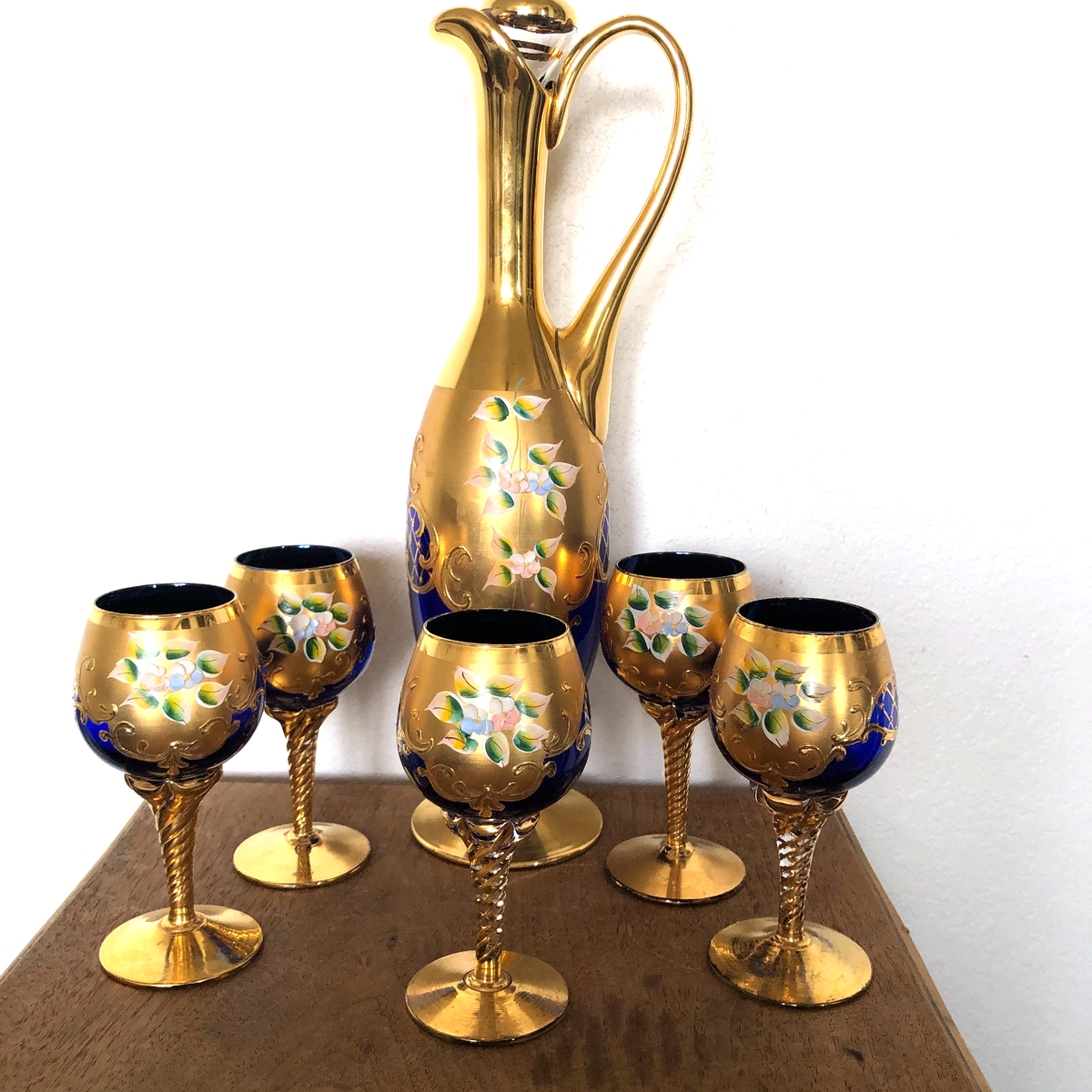 Murano Venetian Blue Glass Decanter 24Kt Gold Lf Hand Painted 5