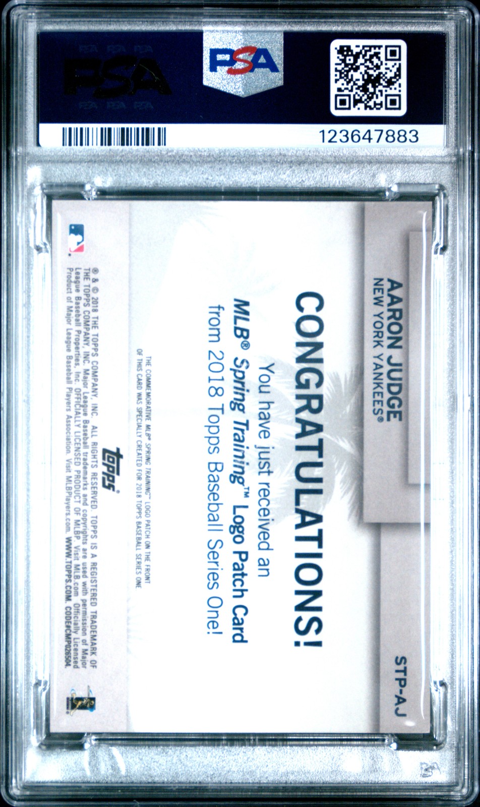2018 TOPPS MLB SPRING TRAINING COMMEMORATIVE PATCH #STPAJ AARON JUDGE PSA 9 view 2