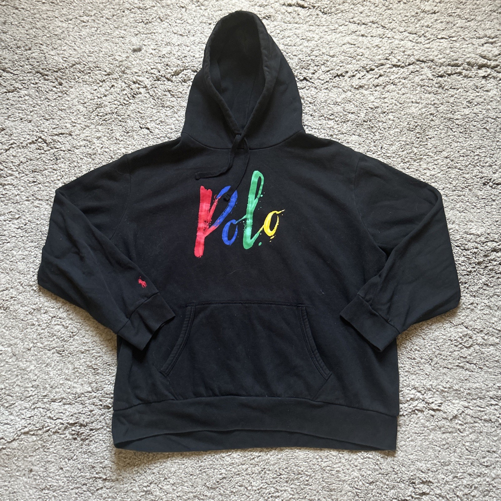 Polo Ralph Lauren Xxl 2xl Men's Black Logo Paint Splatter Fleece Pullover Hoodie