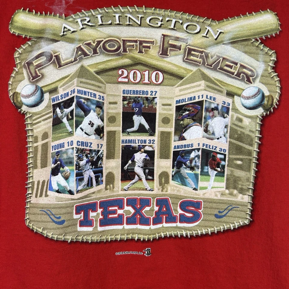 Camisa Texas Rangers Para Hombres Grande Roja MLB Béisbol 2010 Playoff Fiebre Arlington Foto 3 de 4