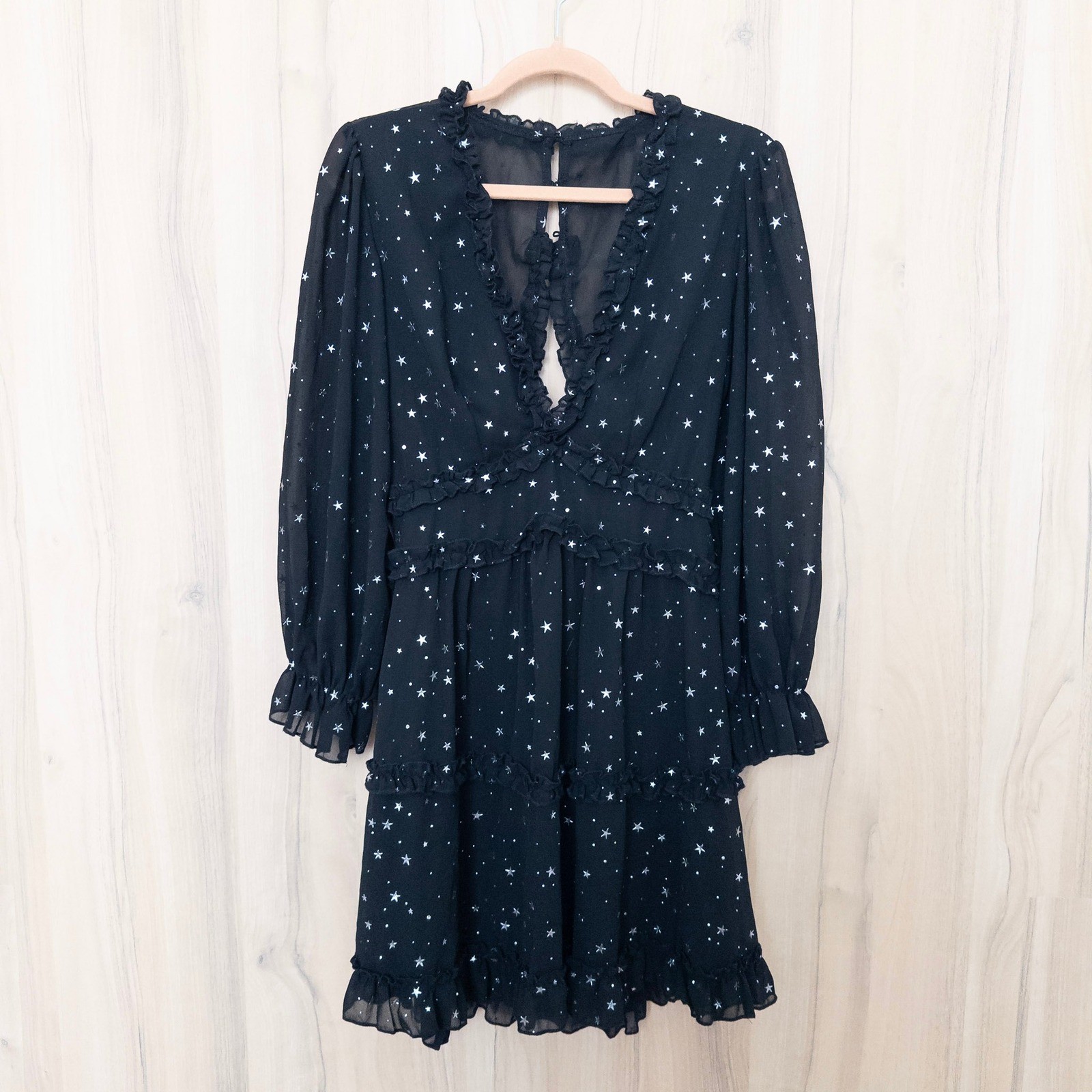 Womens Celestial Mini Dress Size S Black Star Print Ruffle Whimsigoth Witchy