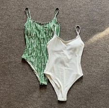 NWT H M One Piece Swimsuit Green White Bundle of 2 Pieces Women  s Size Small