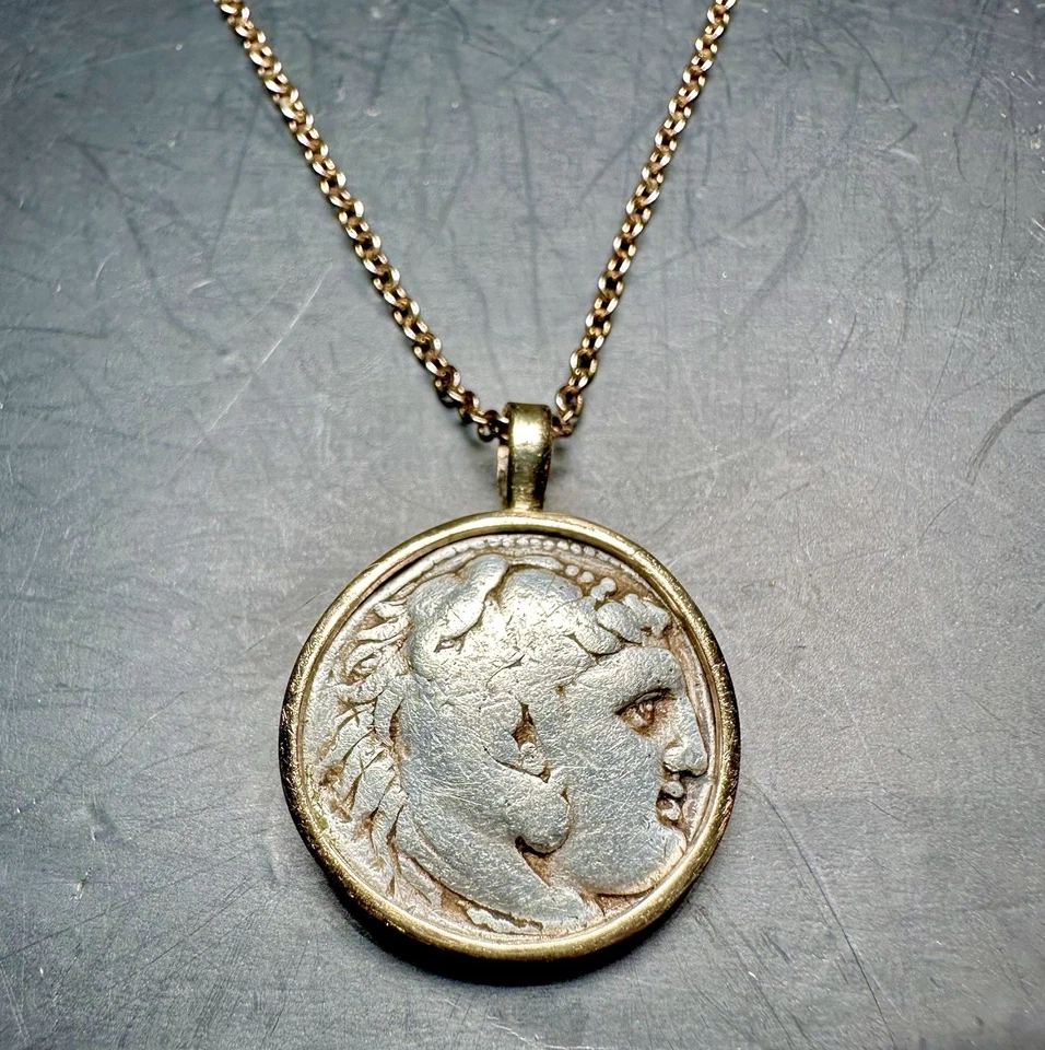 Dracma de plata genuino de Alejandro Magno en colgante de oro amarillo sólido de 14 k Foto 4 de 4
