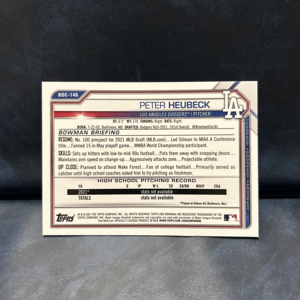 2021 Bowman Draft #BDC-146 Peter Heubeck 1st Black&White Raywave Dodgers - Image 2 of 2