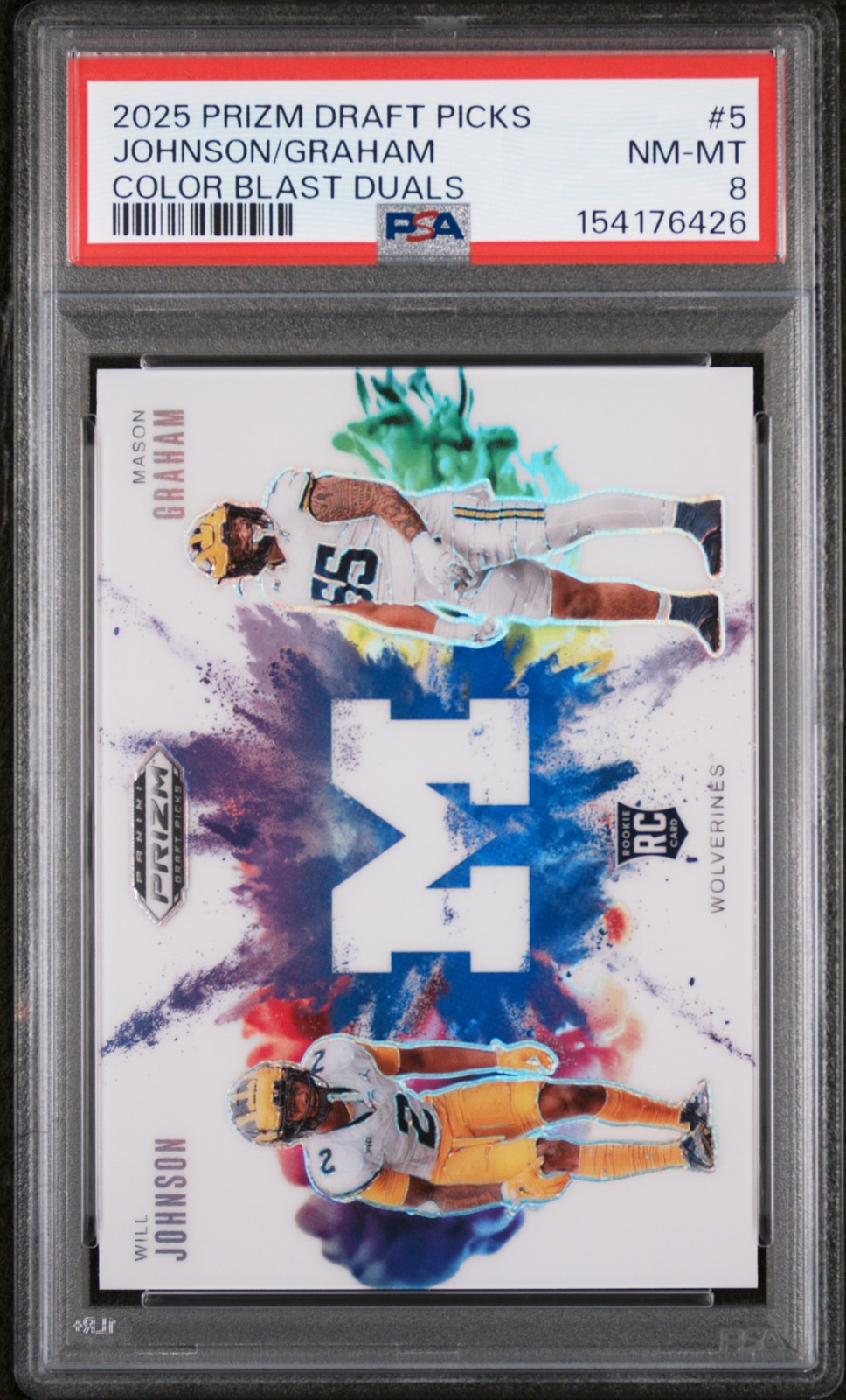 Mason Graham / Will Johnson #5 Football Cards 2025 Panini Prizm Draft Picks Color Blast Dual trading card — raw and PSA graded price guide