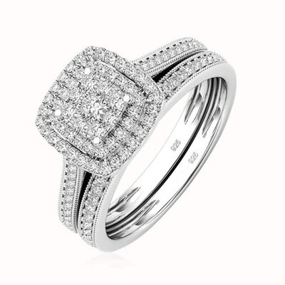 925 Sterling Silver Lab Grown Simulated Diamond Cluster Halo Ring Engagement