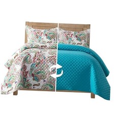 3-Piece Boho Quilted Reversible Floral California King Paisley Turquoise