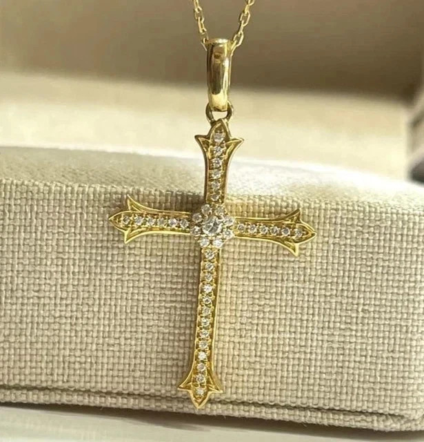 1.20Ctw Round Cut Real Moissanite Cross Pendant 14K Yellow Gold Plated 18