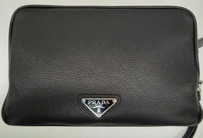 PRADA Leather Clutch Wrist Pouch Bag Triangle Logo Black w/ Auth Card 9.4''x6.3''