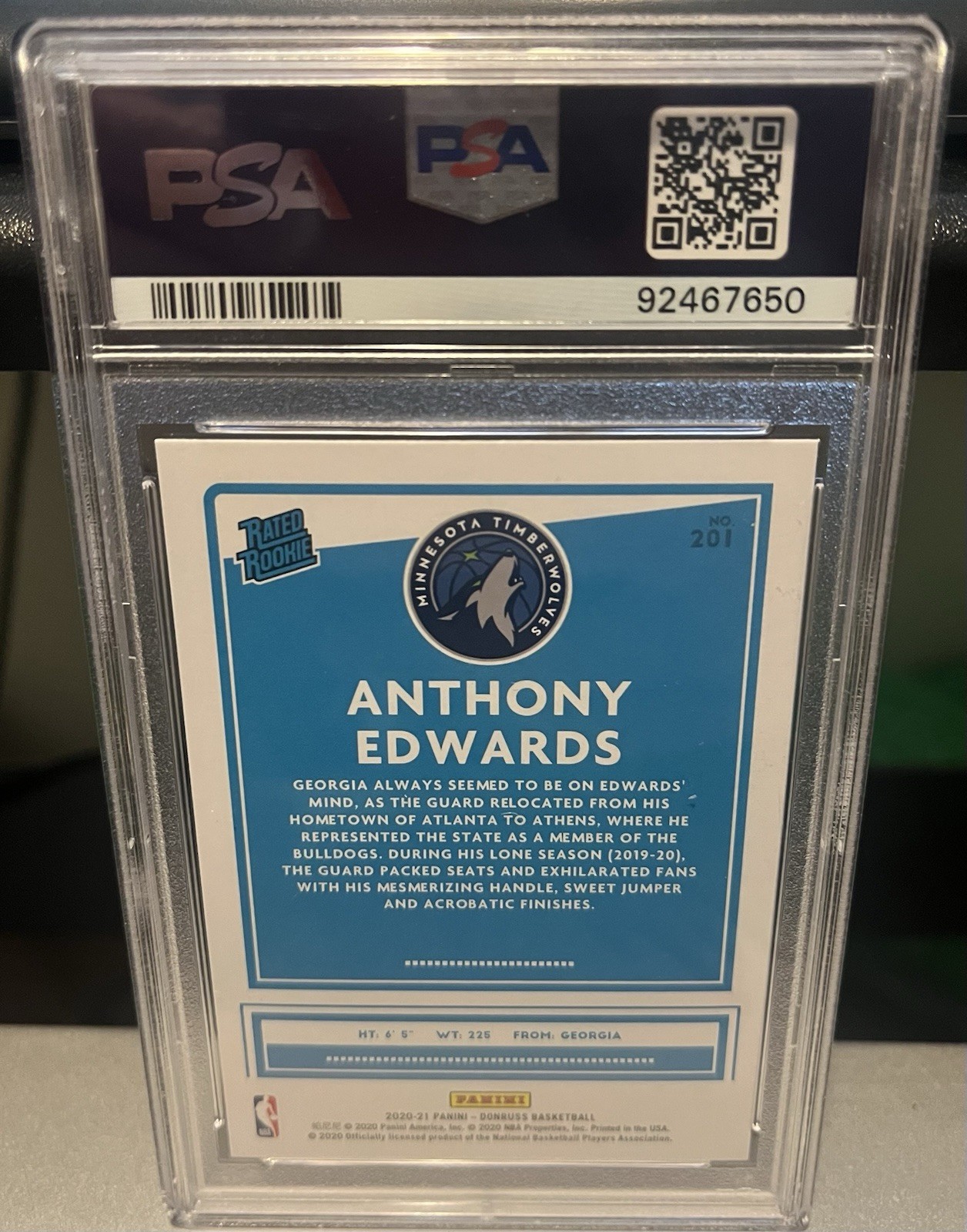 2020 PANINI DONRUSS ANTHONY EDWARDS ROOKIE #201 PSA 10 GEM MINT  view 2