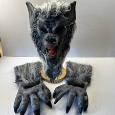 Halloween Big Bad Wolf Adult Size Mask and Gloves Latex and Fur Gray Pre-Owned
