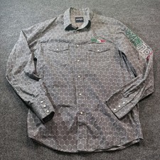 Wrangler Western Shirt Mens M Grey Geometric Pearl Snap Logo Embroidered Rodeo