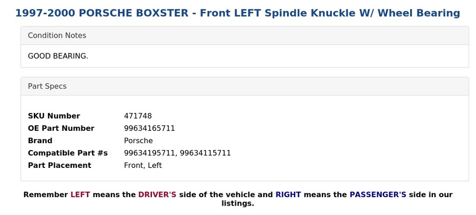 1997 - 2000 PORSCHE BOXSTER - 前左主轴关节带车轮轴承 — 第 4/4 张图片
