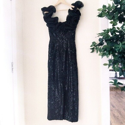 VINTAGE Formal Dress Sz 10 Black Vivi D'Zinz Allover Sequins Ruffle Tailored - Picture 7 of 8