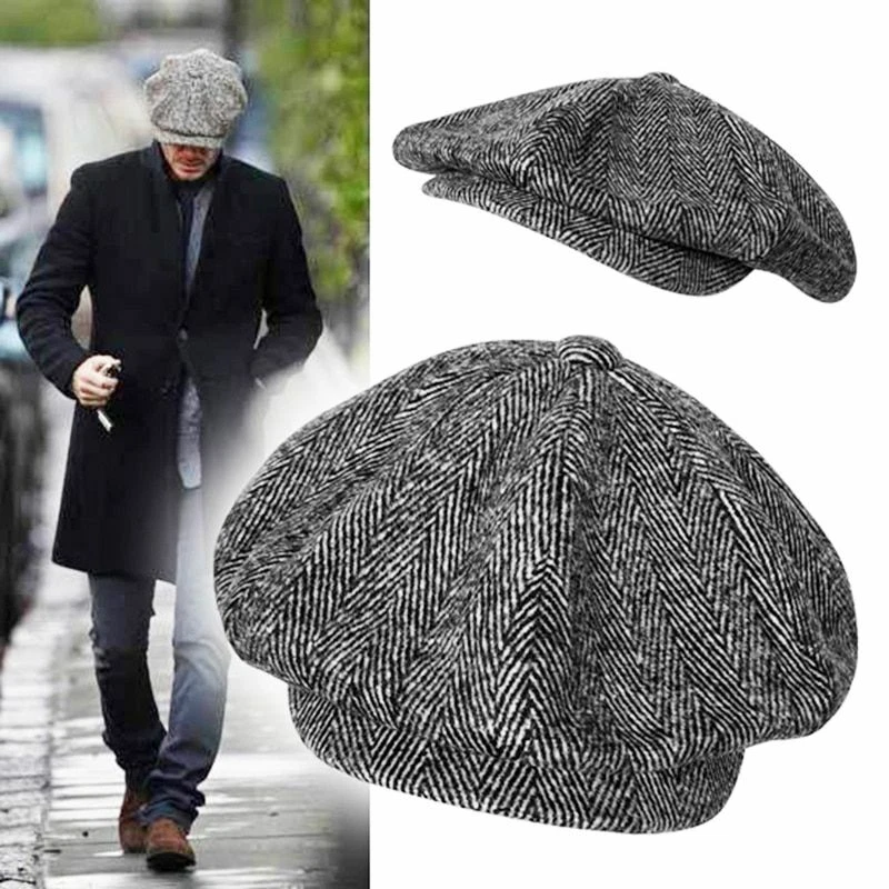 Wool Newsboy Men Hats Grey Herringbone Flat Caps British Fashion Painters Hat