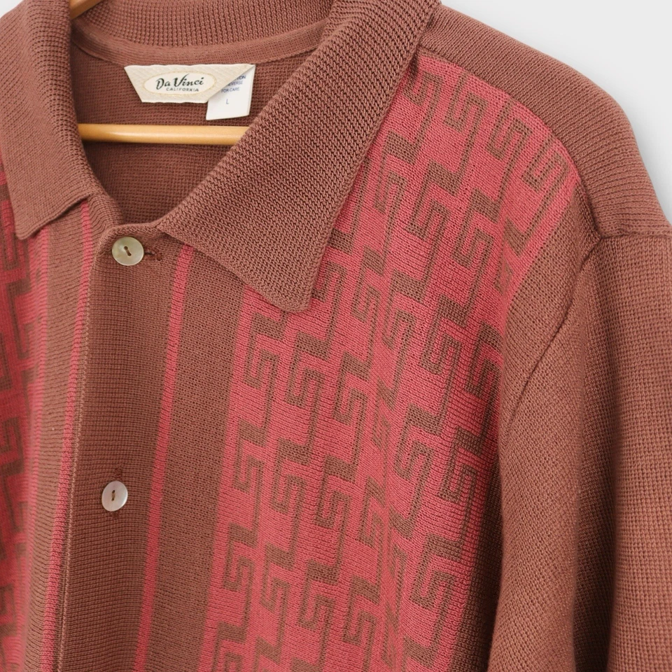 Camisa tejida vintage Da Vinci años 60 para hombre grande patrón azteca marrón con botones Foto 3 de 4