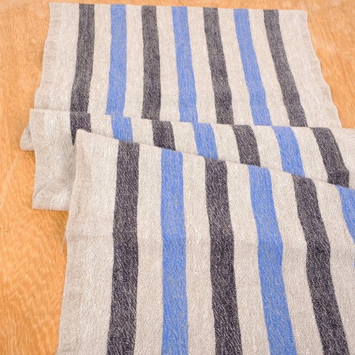 100% linen fabric - heavy - french belgium flax dense - striped natur blue black - Picture 2 of 12