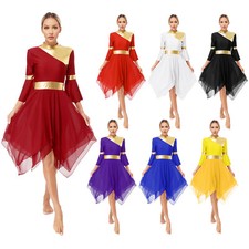 Womens Contemporary Color Block Dancewear Stage Dress Tunic Modern High Low