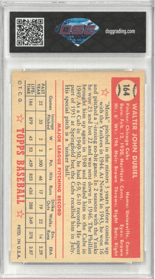1952 Topps WALT DUBIEL #164 White Back 💎 DSG 6 EX/NM - Image 2 of 2