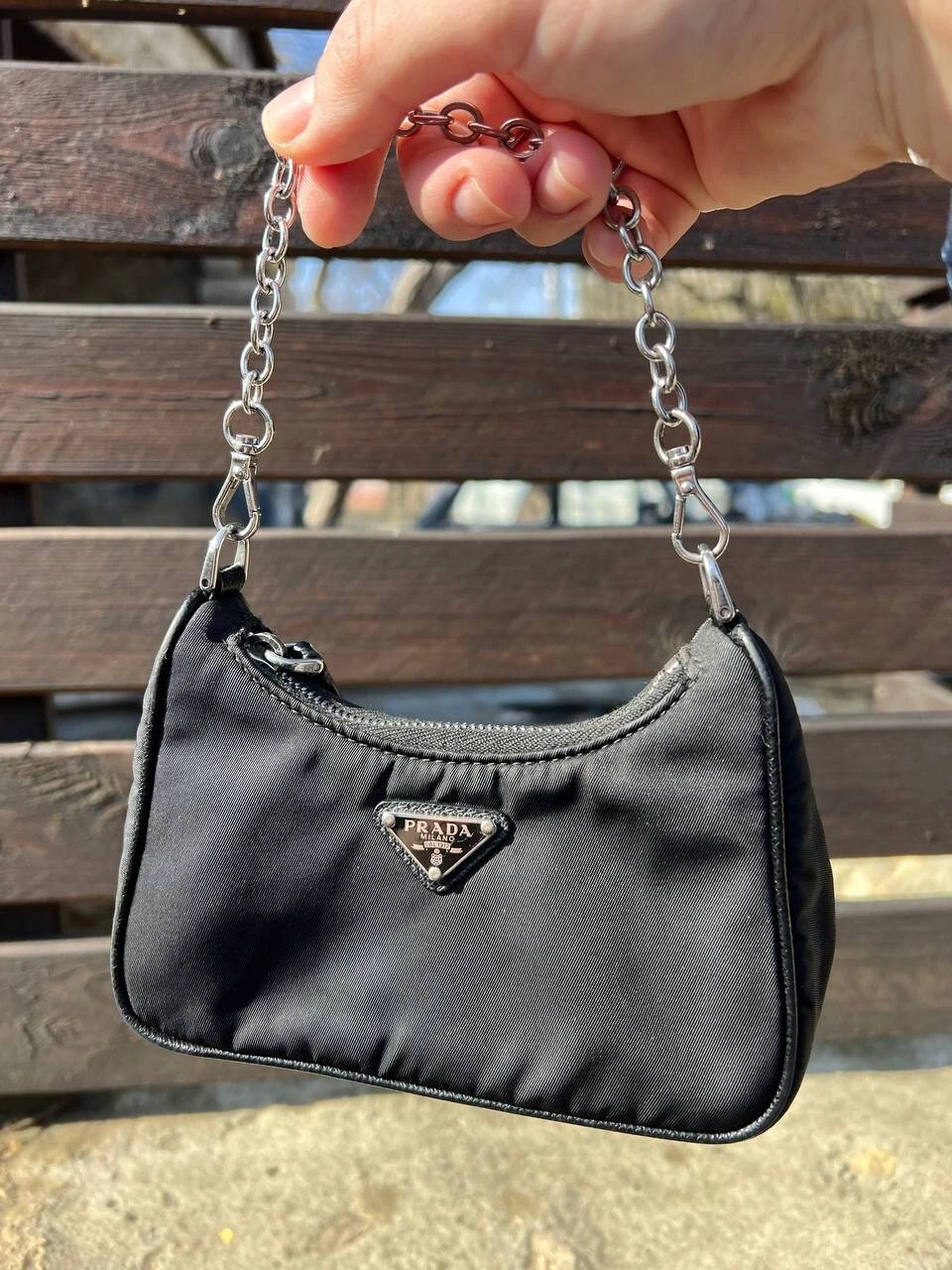 Prada Re Edition 2000 Nylon Mini Borsa Catena Nero Cammeo Tessuto 1TT122