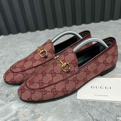 Gucci Jordaan Horsebit Loafers GG Monogram Burgundy Canvas