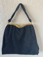 Vintage 1950s Black Beaded Handbag with Gold Hardware Handmade From Corde Bead