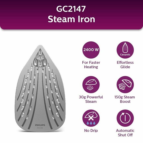 Philips Easy Speed Plus Steam Iron GC2147/30 Of2400W Power With CeramicSoleplate - Picture 2 of 4