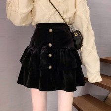 Femme Velours Mini Jupe Plissé Taille Haute Chaud Hiver Robe Doudoune Jupe Noir