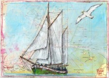 Großer Kunstdruck "Im Gewässer von..." - von OLE WEST (Segelboot, Möwe) - (2062)