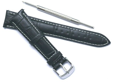 19mm Black/White Croco Embossed Leather Watch Band With Spring Bar Remover Tool
