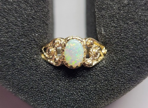 14k Yellow Gold Genuine Australian Opal Filigree Ring - Picture 6 of 6