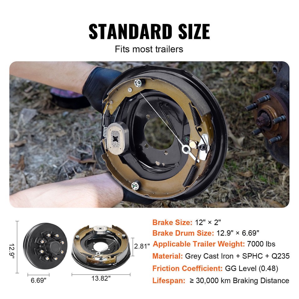 8 on 6.5" Trailer Hub Drum Kits with 12"x2" Electric Brakes for 7000lb