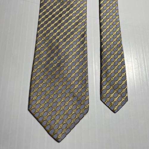 IKE BEHAR Iridescent Gold Lt Blue Geometric Oval Woven Silk Tie USA made - Picture 6 of 11